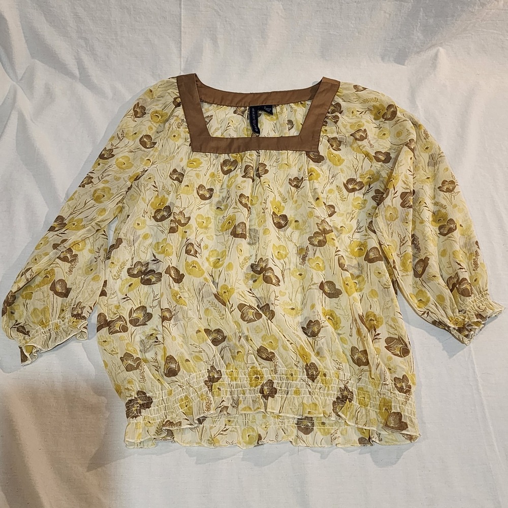 Ashley Judd M Womens Yellow Floral Sheer Square Neck Boho Cottage Core Blouse